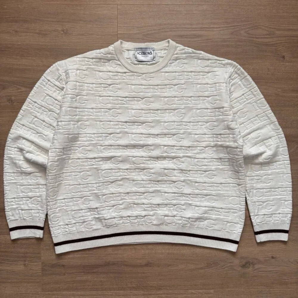 Vintage 90s Iceberg All Over Logo Knit Sweater Cream Wool Blend Size XXXL Italy